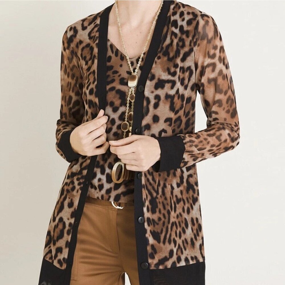 Chico's Animal Print Mesh Leopard Pattern Cardigan Size 3 US XL